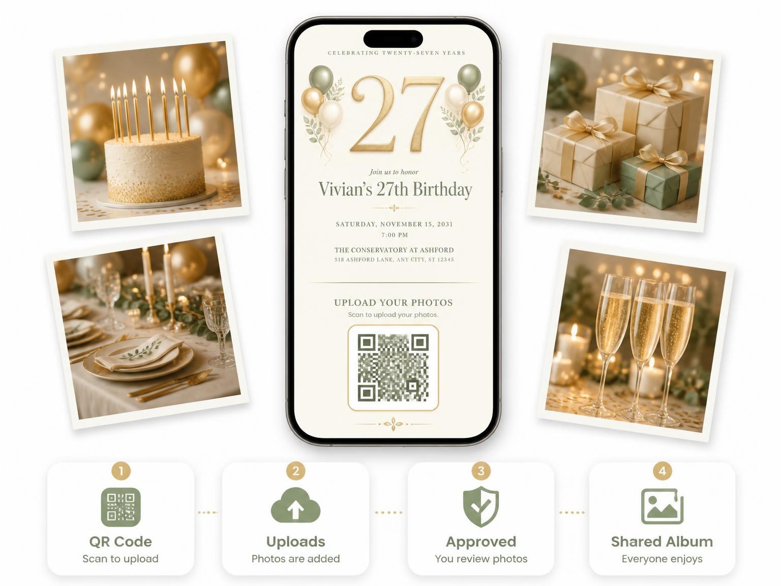 The shared photo gallery that comes with the Sage and Ivory 27th Birthday Invitation invitation