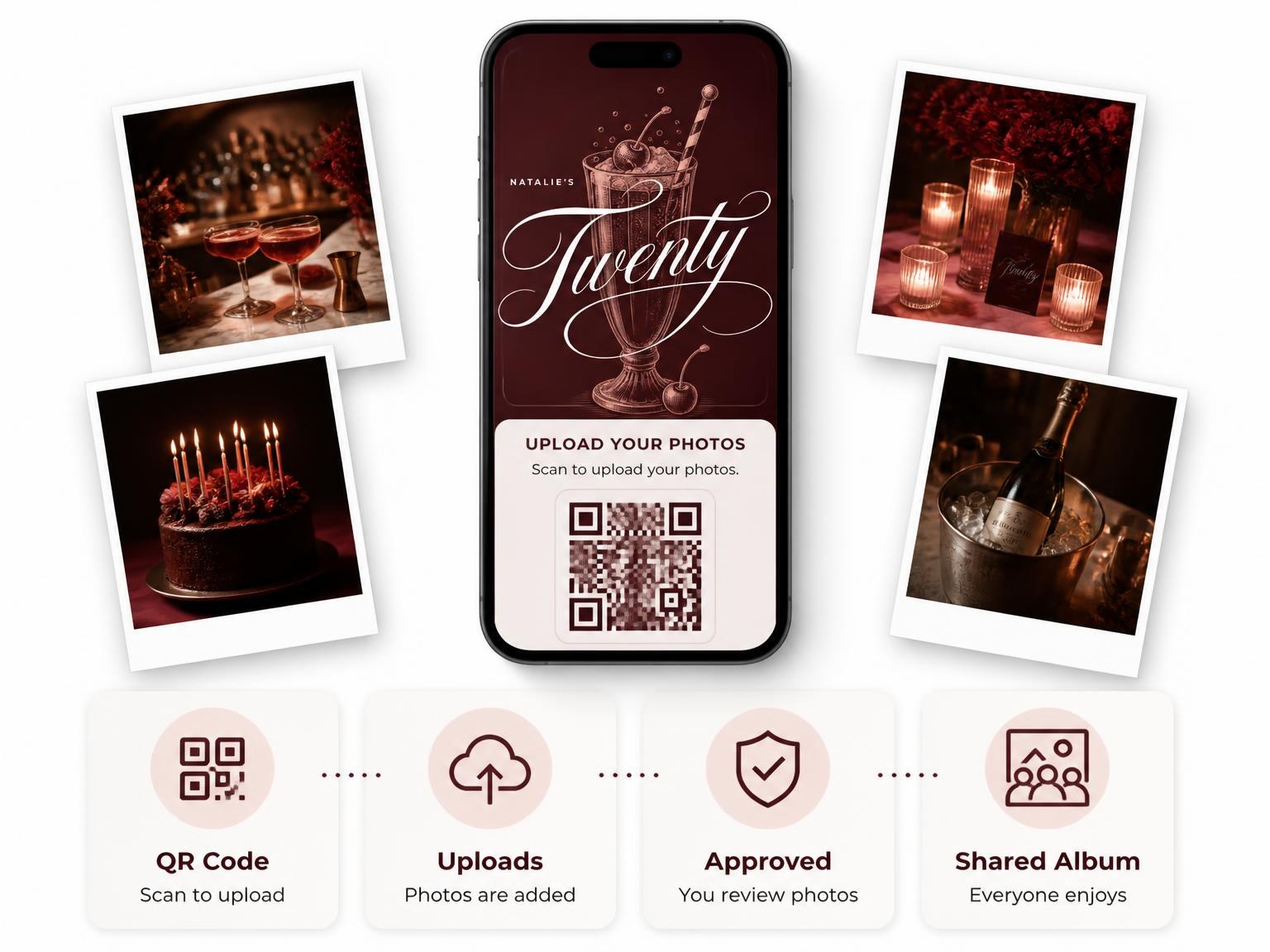 The shared photo gallery that comes with the Burgundy Ice Cream Soda 20th Birthday Invitation invitation