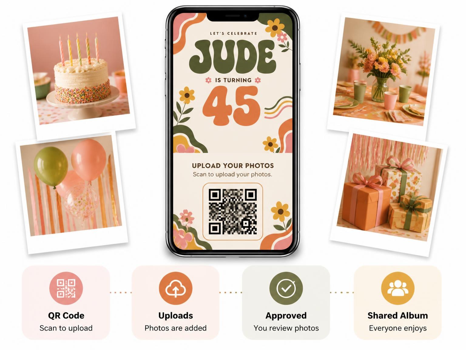The shared photo gallery that comes with the Groovy Retro 45th Birthday Invitation invitation