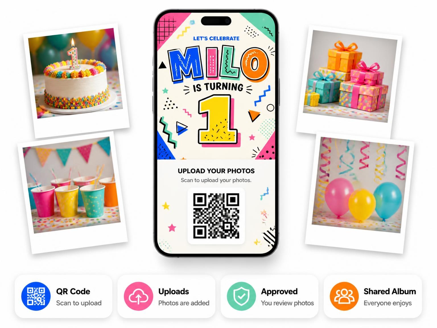 The shared photo gallery that comes with the Memphis Pop 1st Birthday Invitation invitation