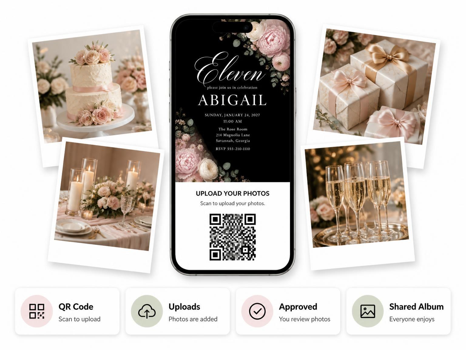 The shared photo gallery that comes with the Black Floral 11th Birthday Invitation invitation