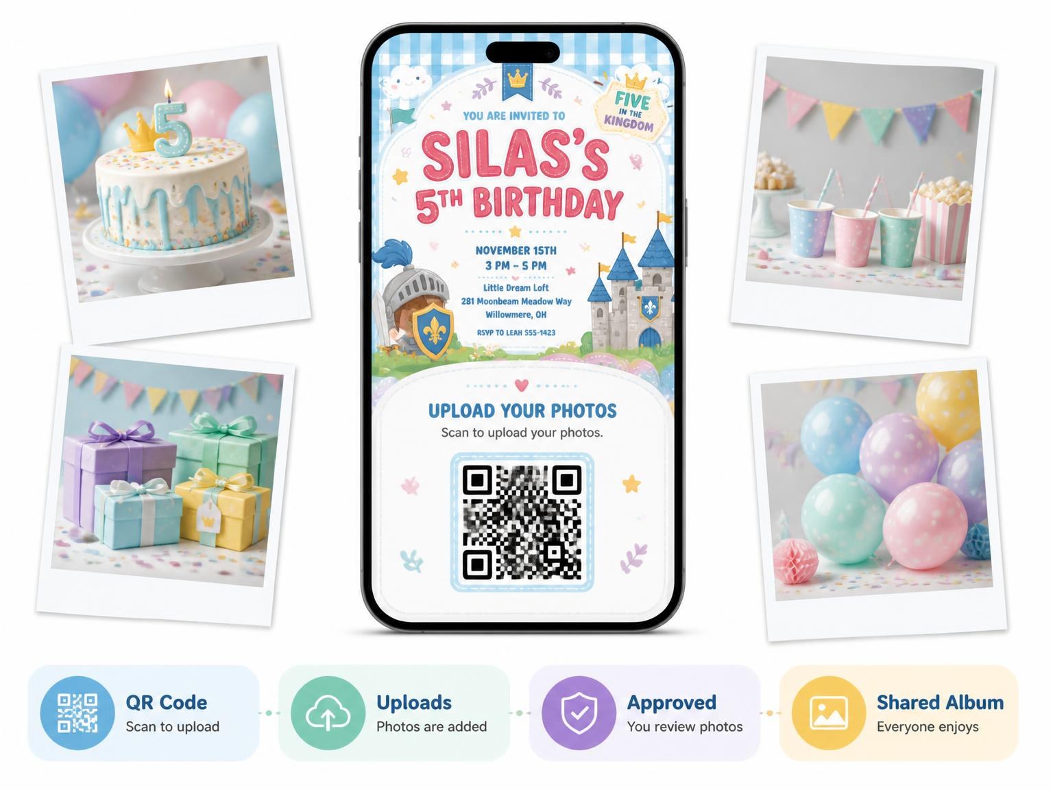 The shared photo gallery that comes with the Kawaii Knight Kingdom 5th Birthday Invitation invitation