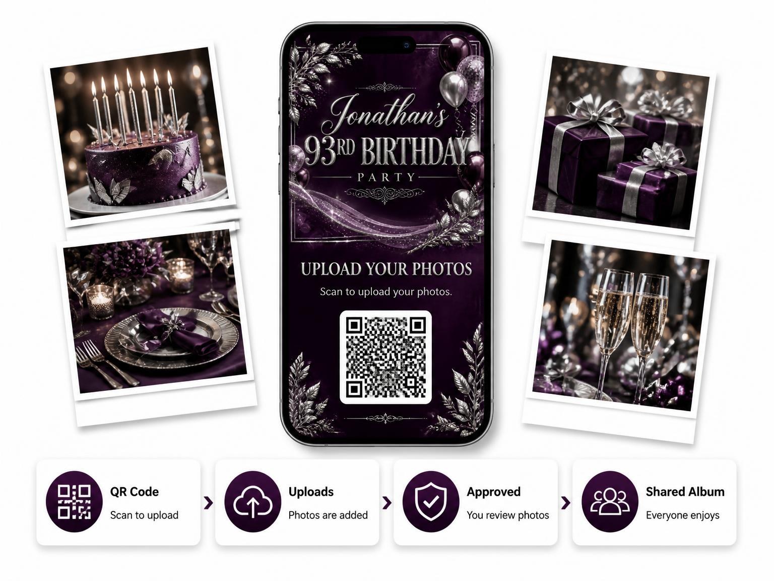 The shared photo gallery that comes with the Plum and Silver 93rd Birthday Invitation invitation