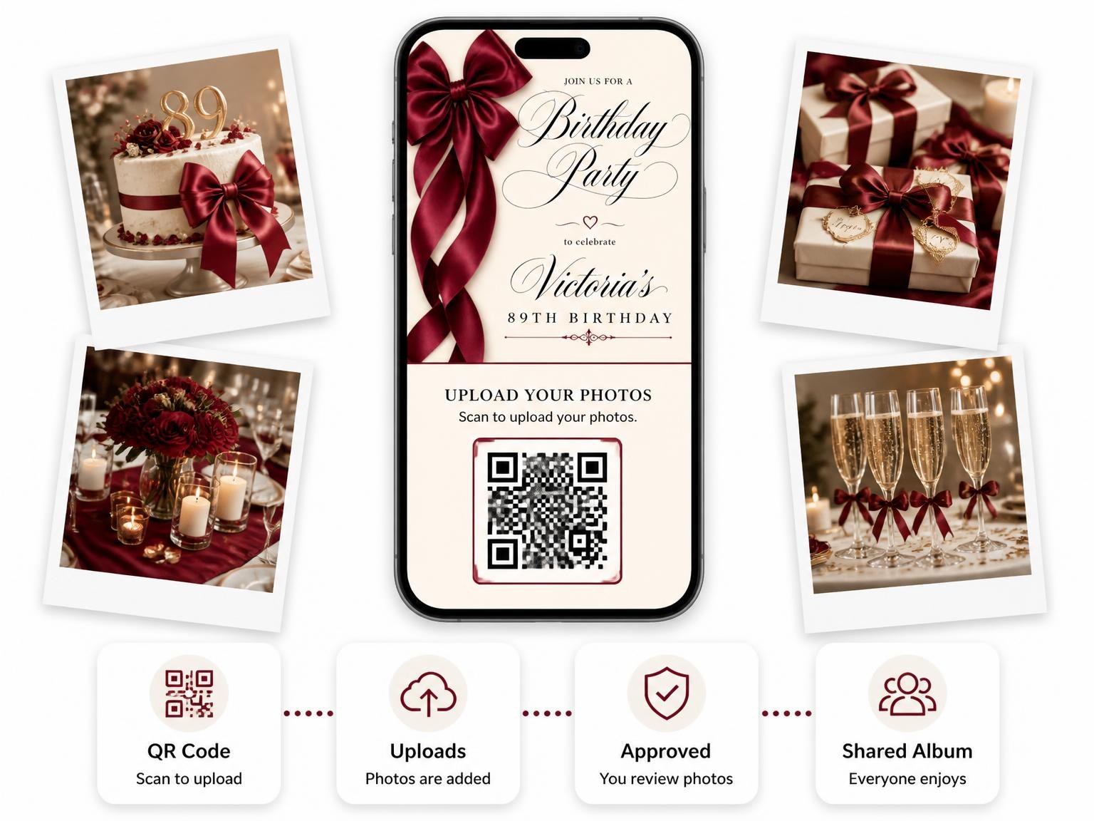 The shared photo gallery that comes with the Burgundy Satin Bow 89th Birthday Invitation invitation