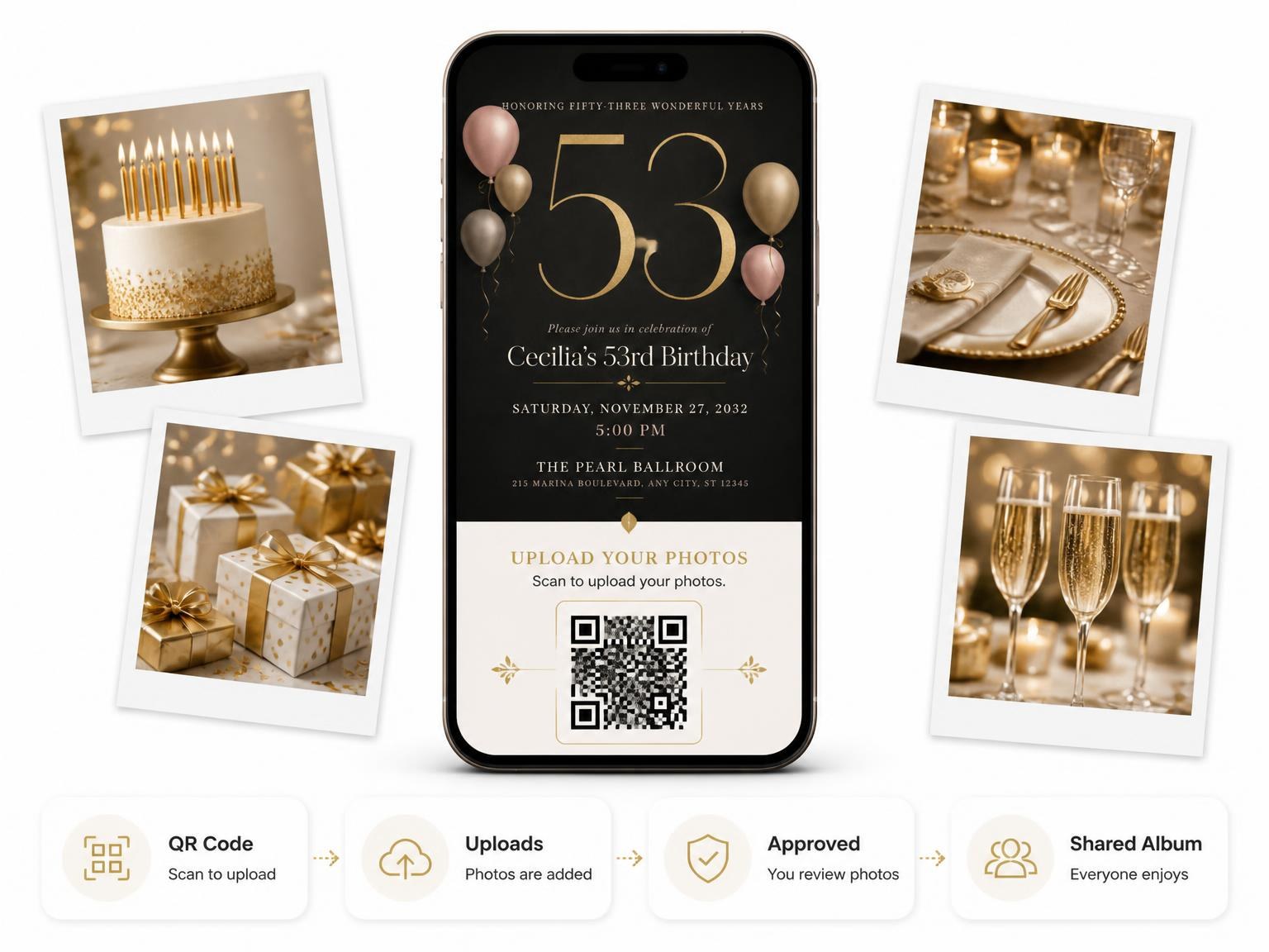 The shared photo gallery that comes with the Charcoal and Blush 53rd Birthday Invitation invitation