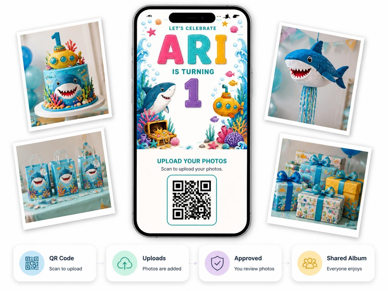 The shared photo gallery that comes with the Stitched Shark 1st Birthday Invitation invitation