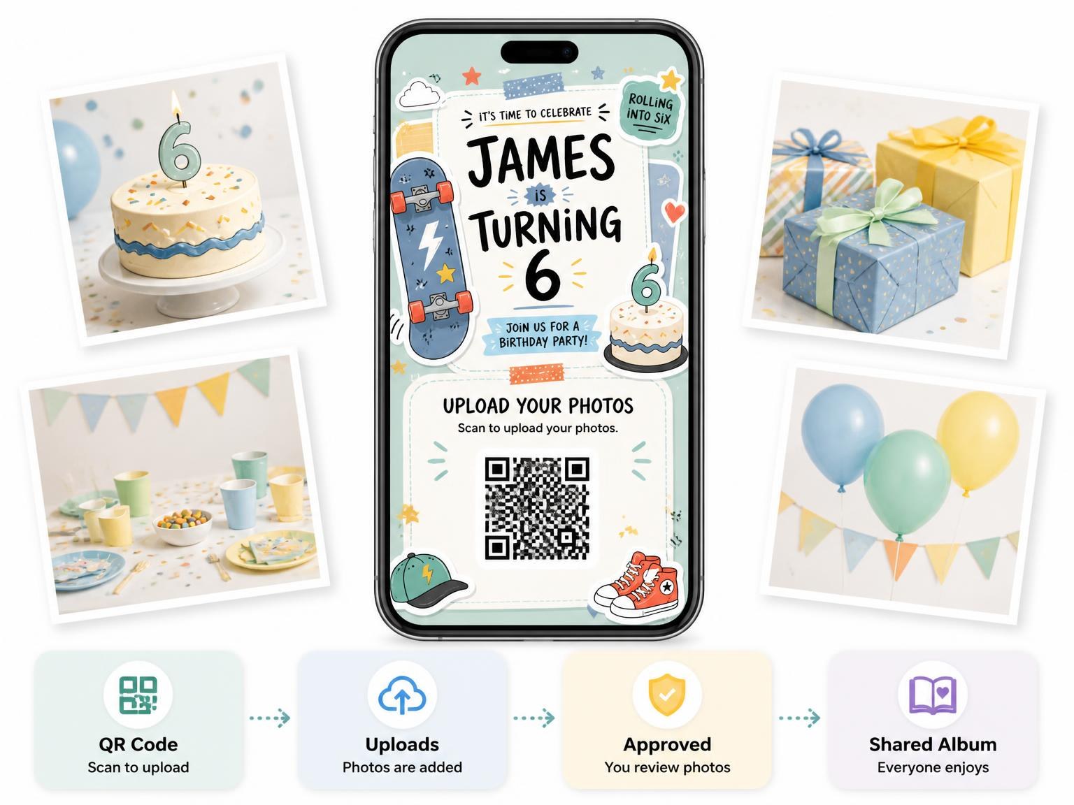 The shared photo gallery that comes with the Skateboard Pastel 6th Birthday Invitation invitation