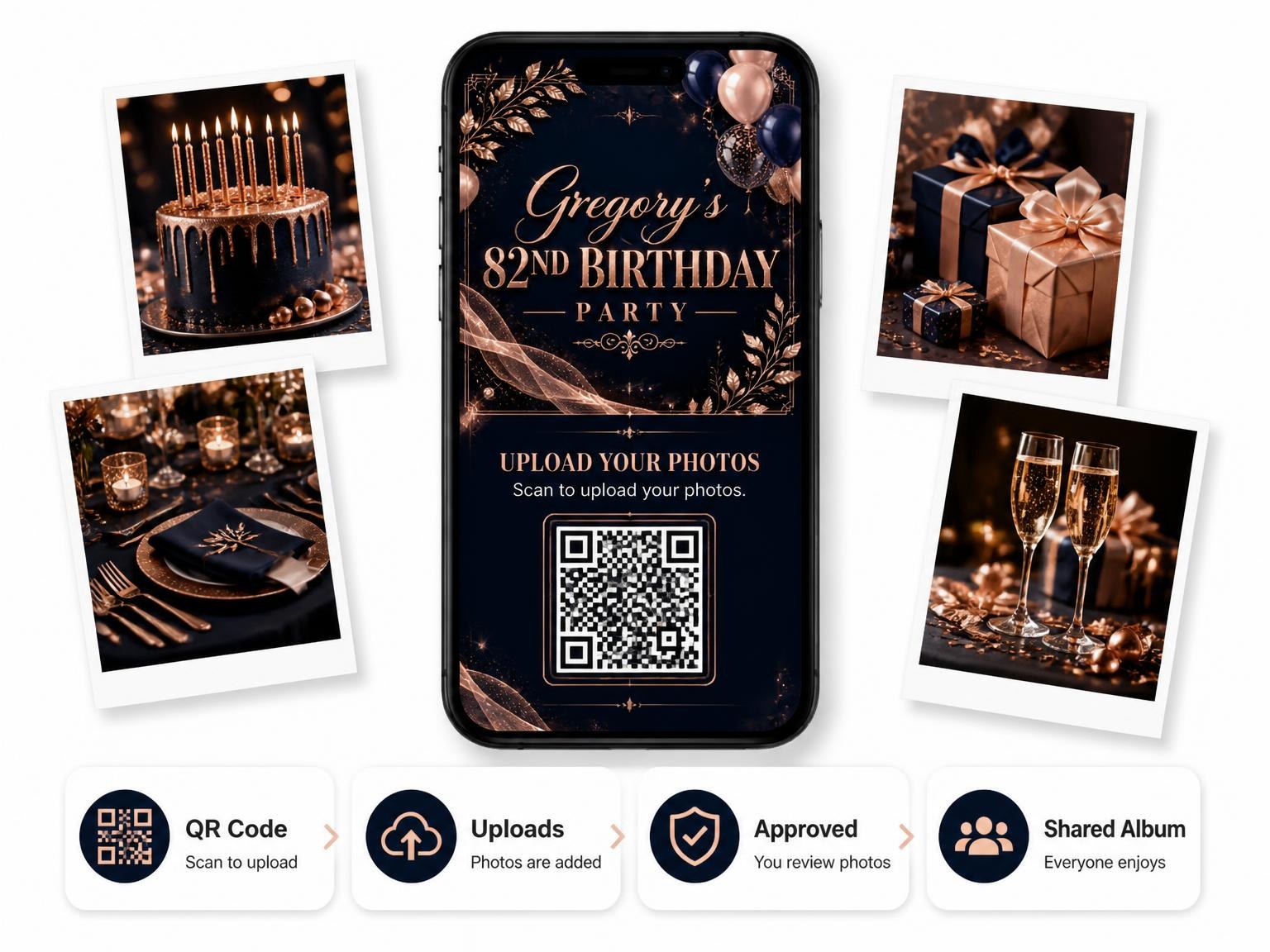 The shared photo gallery that comes with the Navy and Rose Gold 82nd Birthday Invitation invitation
