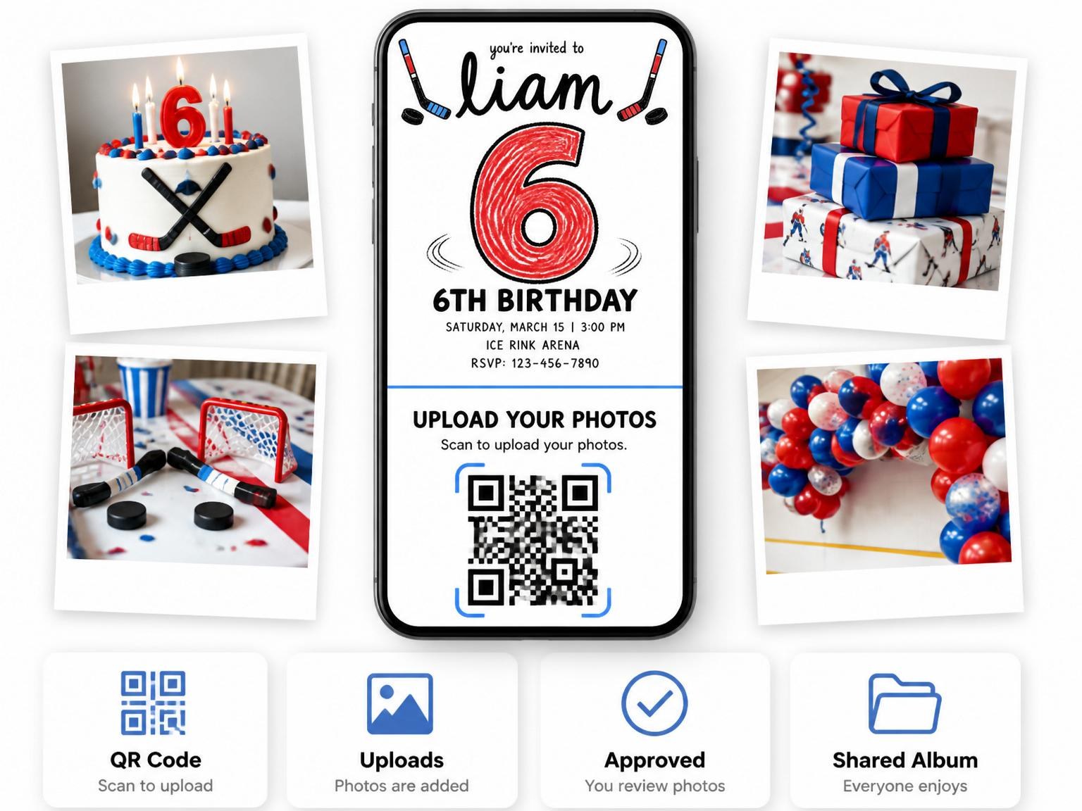 The shared photo gallery that comes with the Crayon Hockey Stick 6th Birthday Invitation invitation