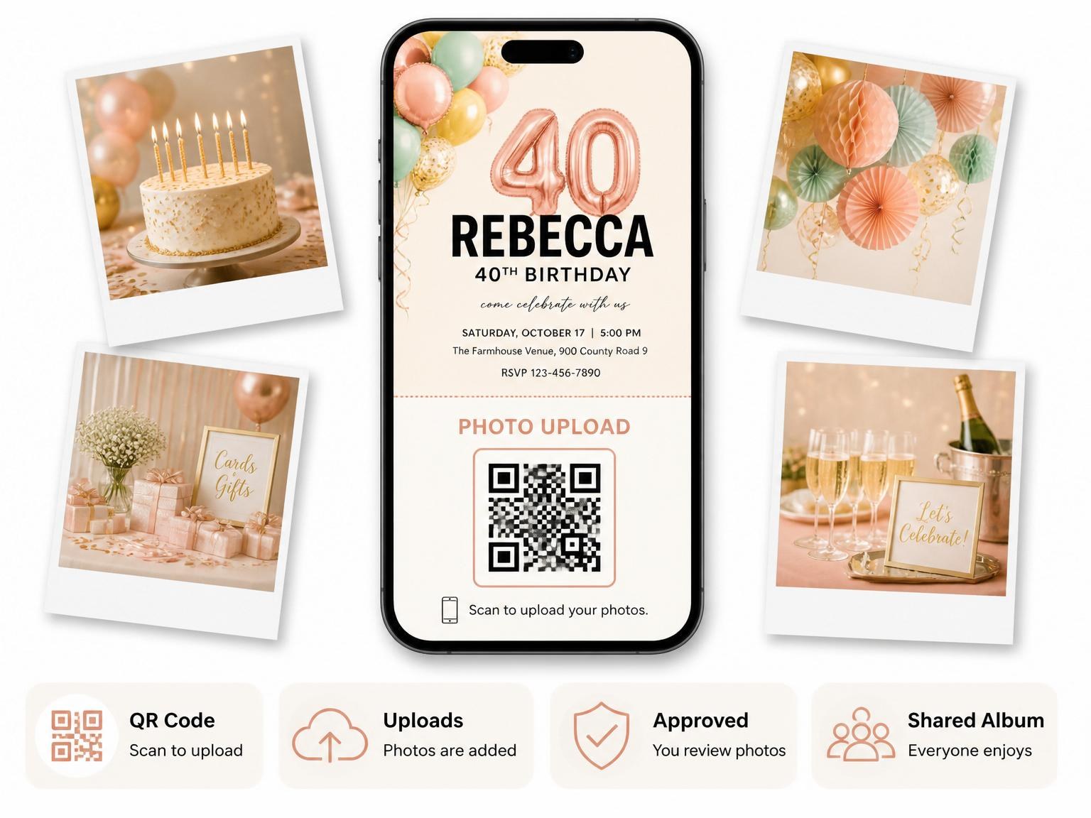 The shared photo gallery that comes with the Rose Gold Balloon 40th Birthday invitation