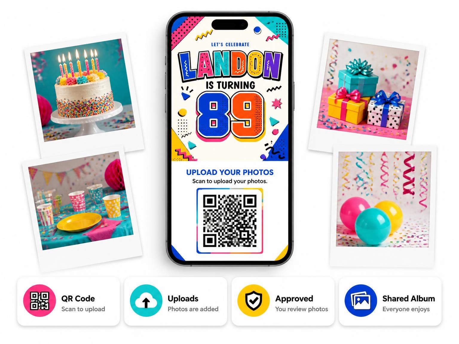 The shared photo gallery that comes with the Memphis Pop 89th Birthday Invitation invitation