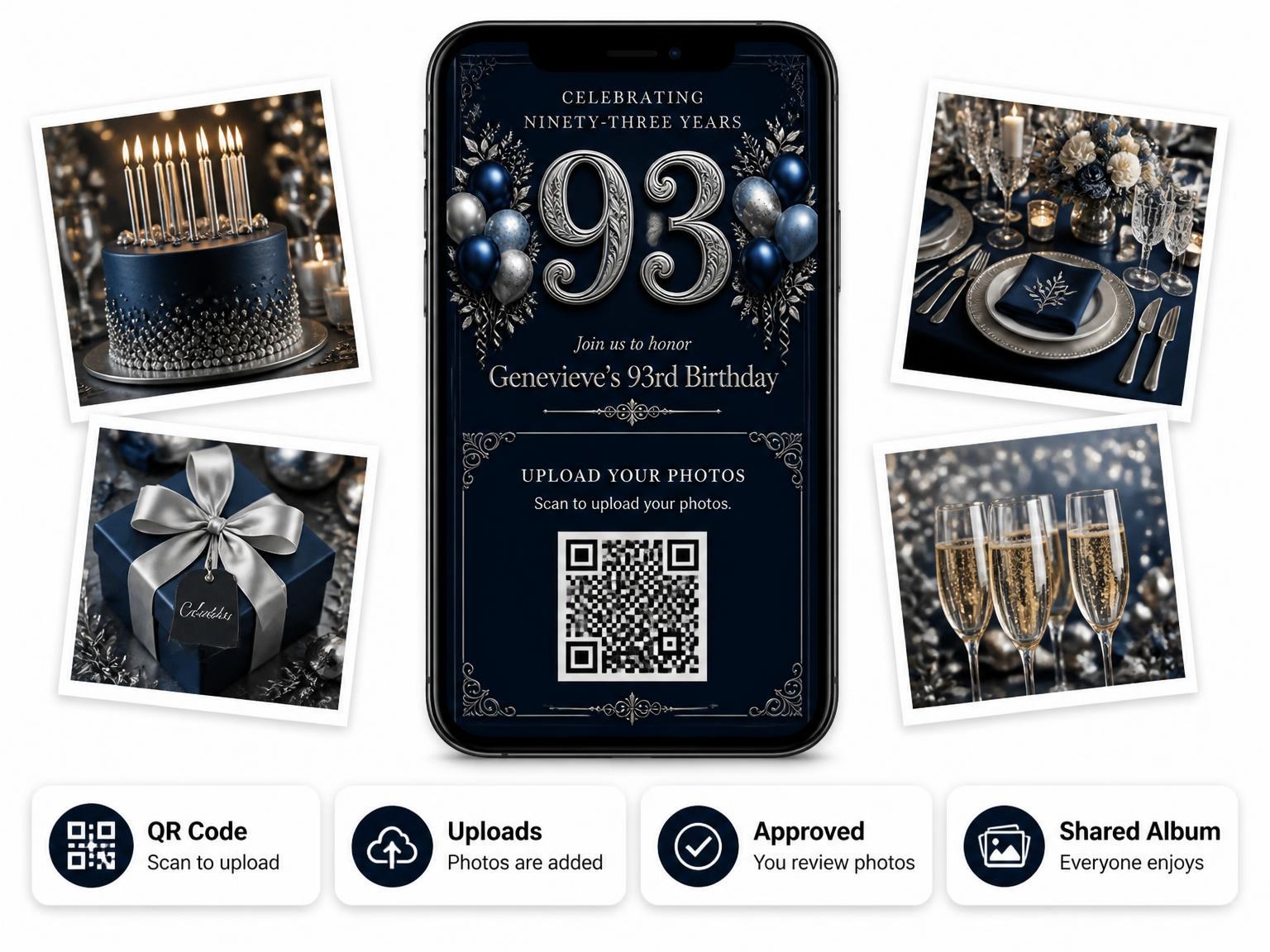 The shared photo gallery that comes with the Navy and Silver 93rd Birthday Invitation invitation