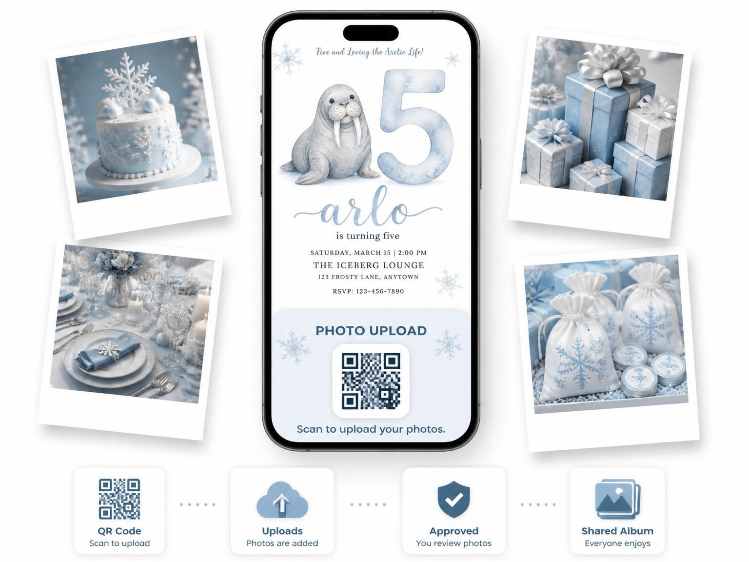 The shared photo gallery that comes with the Watercolor Arctic Walrus 5th Birthday invitation