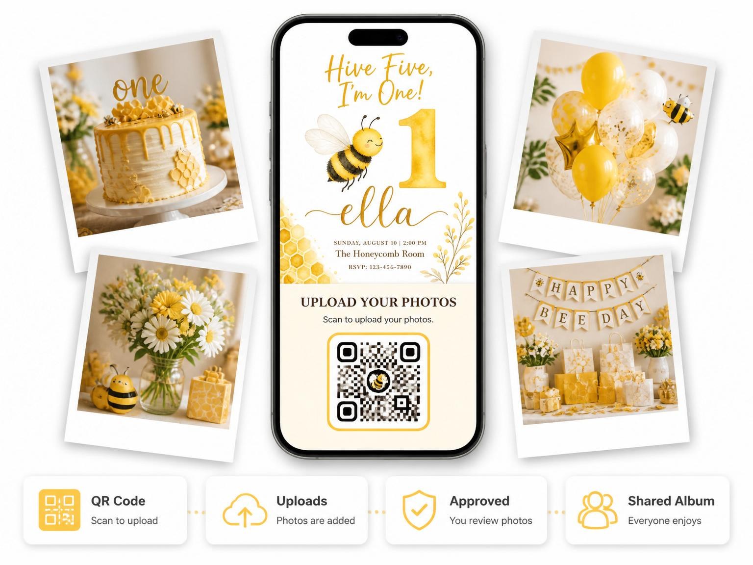 The shared photo gallery that comes with the Watercolor Bee Golden Honeycomb 1st Birthday invitation