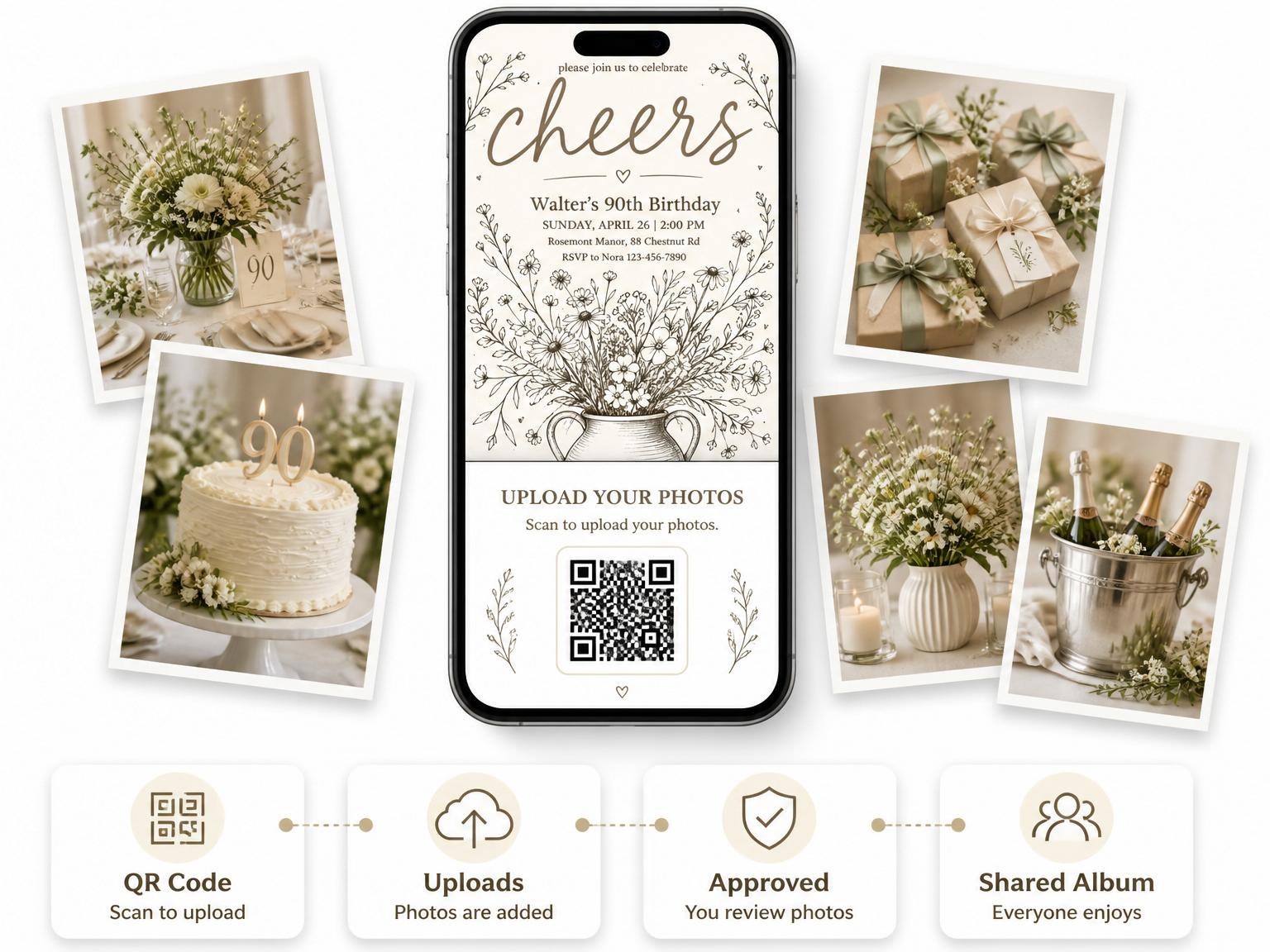 The shared photo gallery that comes with the Warm Brown Wildflower 90th Birthday invitation