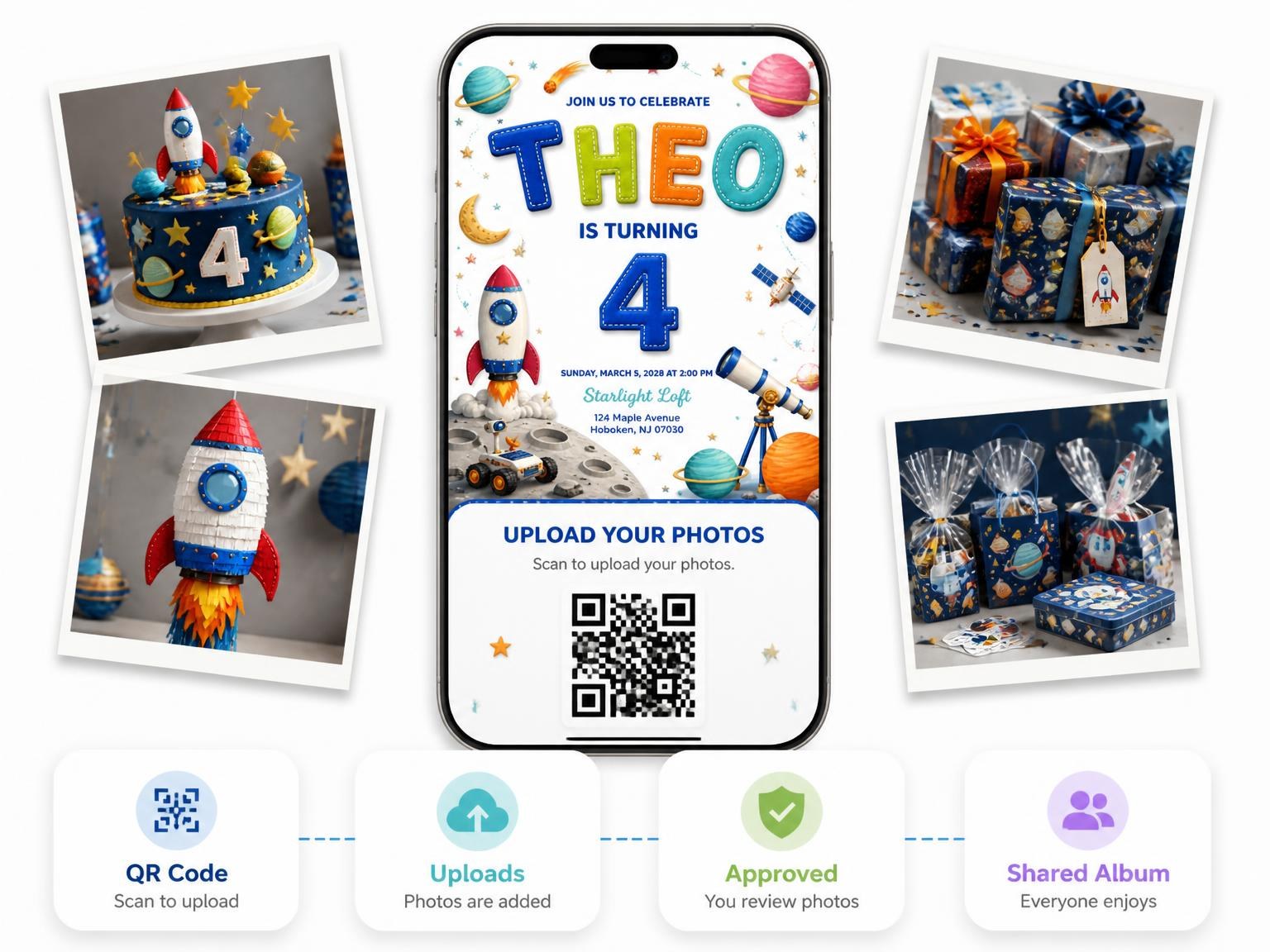 The shared photo gallery that comes with the Stitched Space 4th Birthday Invitation invitation