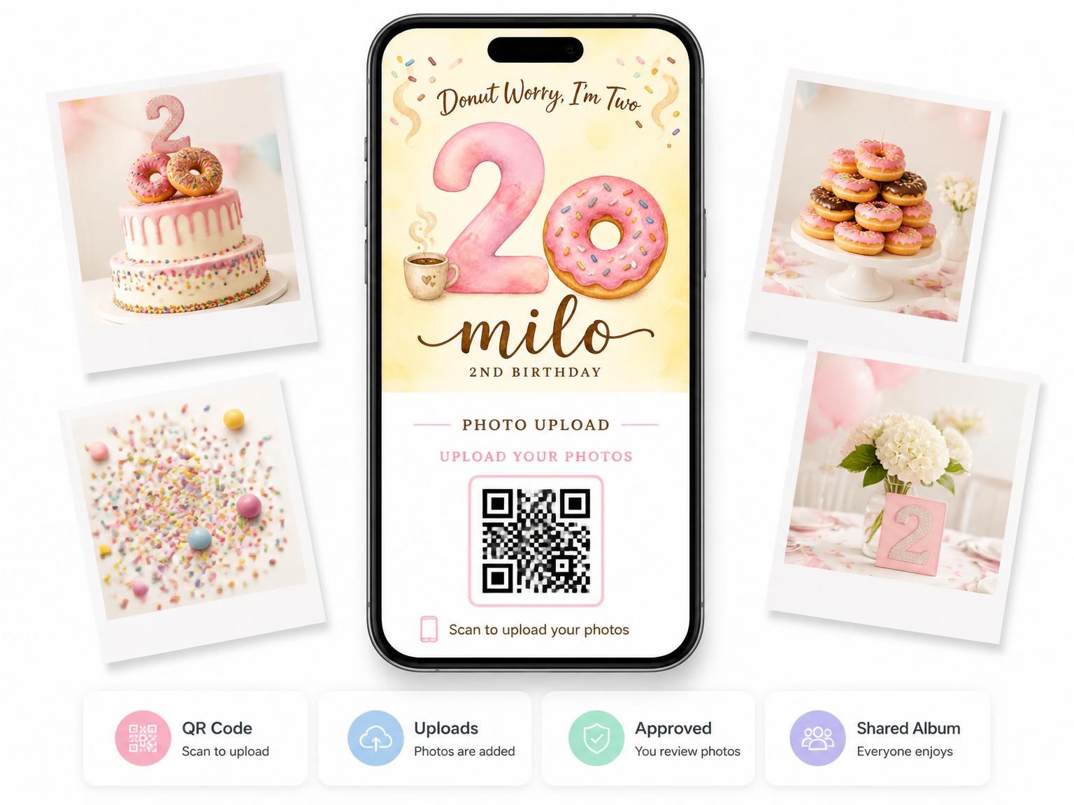 The shared photo gallery that comes with the Watercolor Donut 2nd Birthday invitation