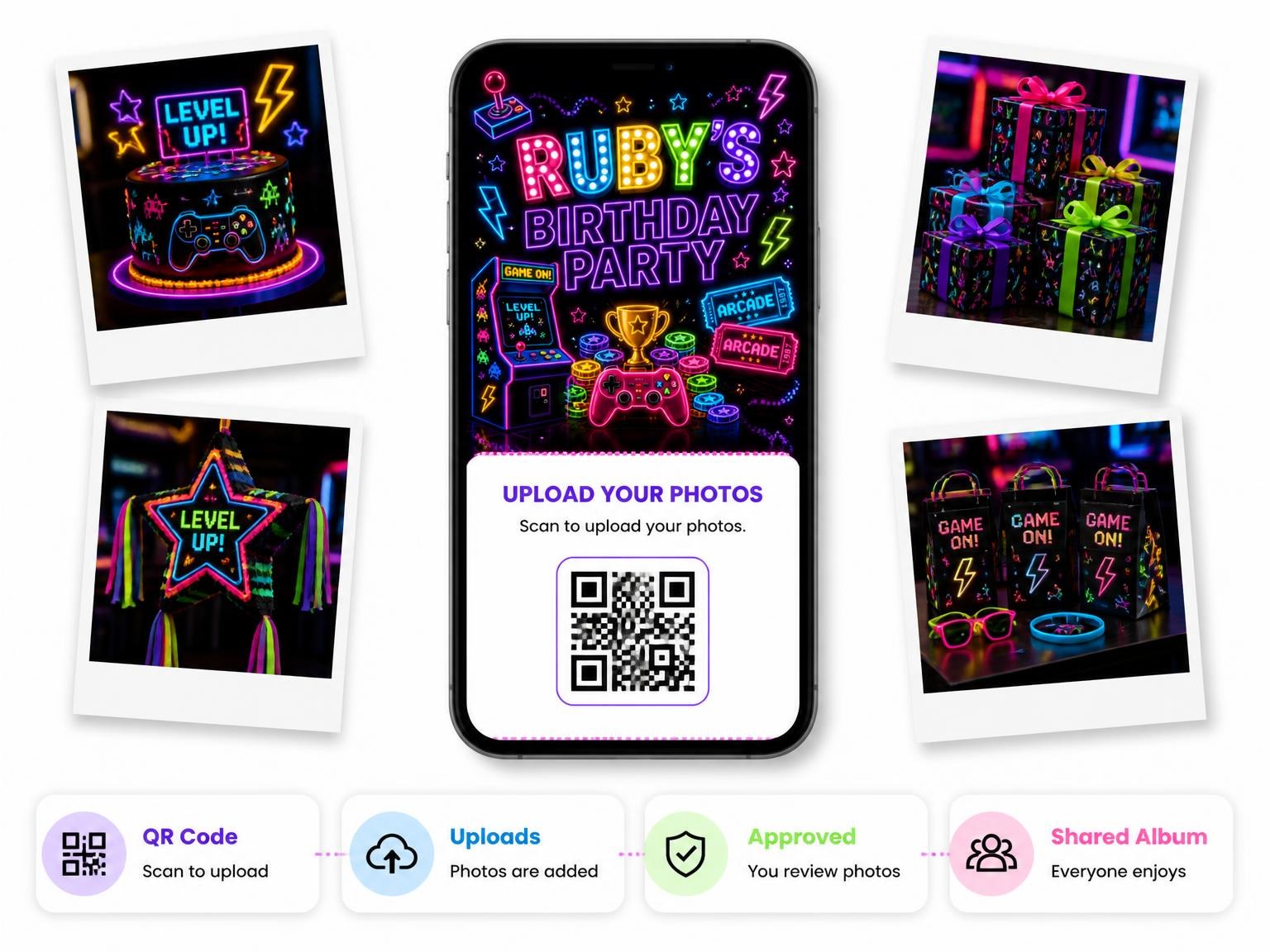The shared photo gallery that comes with the Neon Arcade 22nd Birthday Invitation invitation