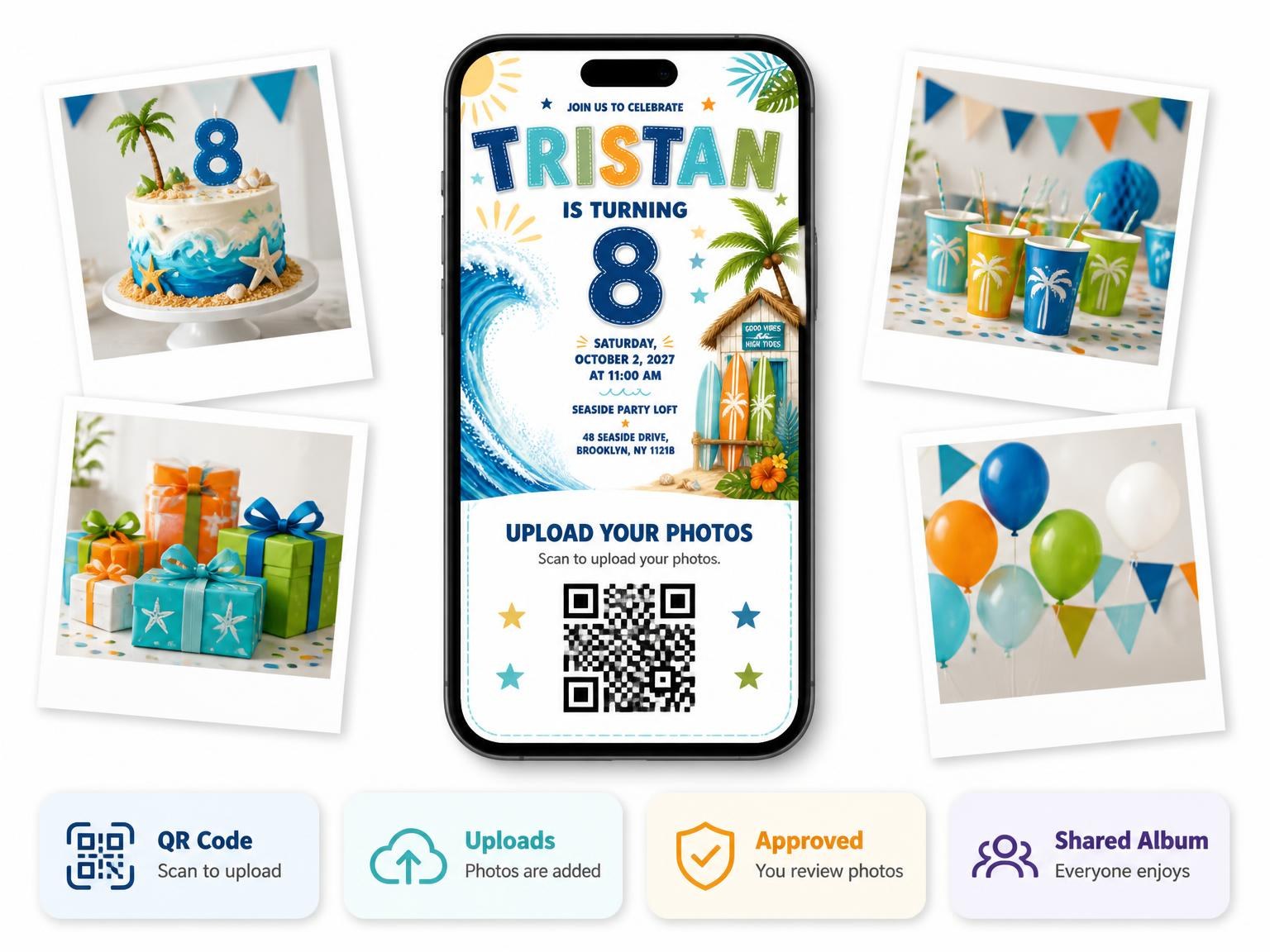 The shared photo gallery that comes with the Surfer Wave Stitched 8th Birthday Invitation invitation