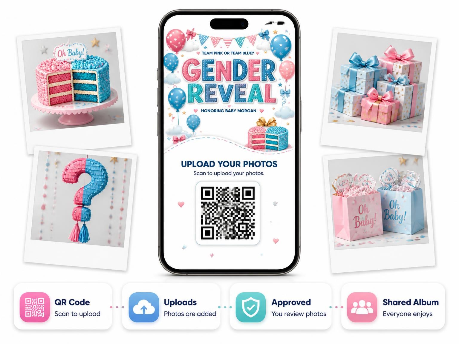 The shared photo gallery that comes with the Balloons Gender Reveal Invitation invitation