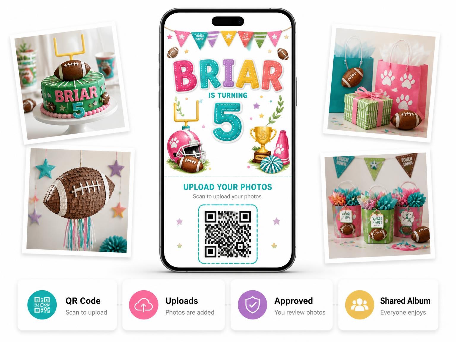 The shared photo gallery that comes with the Stitched Football 5th Birthday Invitation invitation