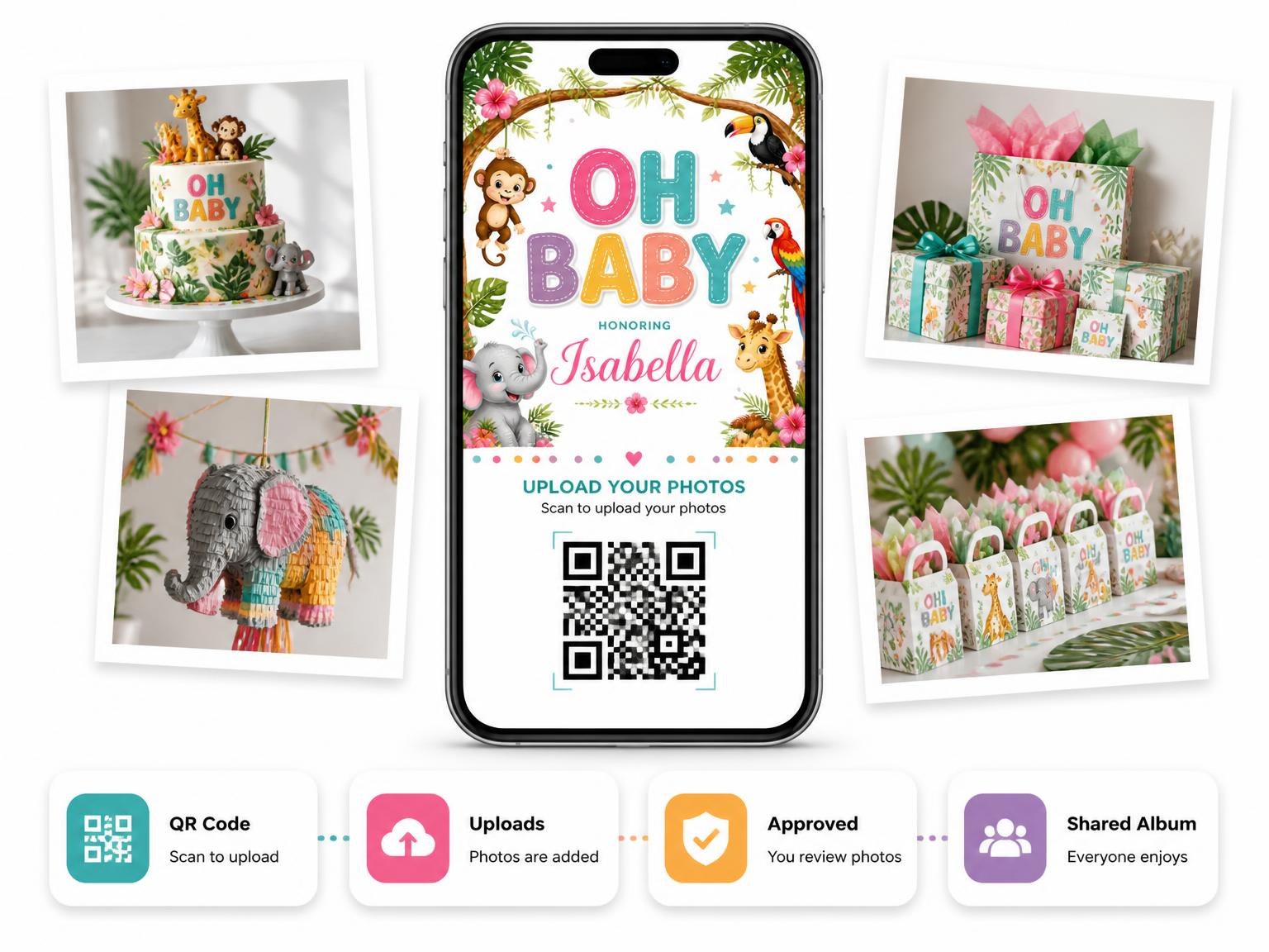 The shared photo gallery that comes with the Jungle Animals Baby Shower Invitation invitation