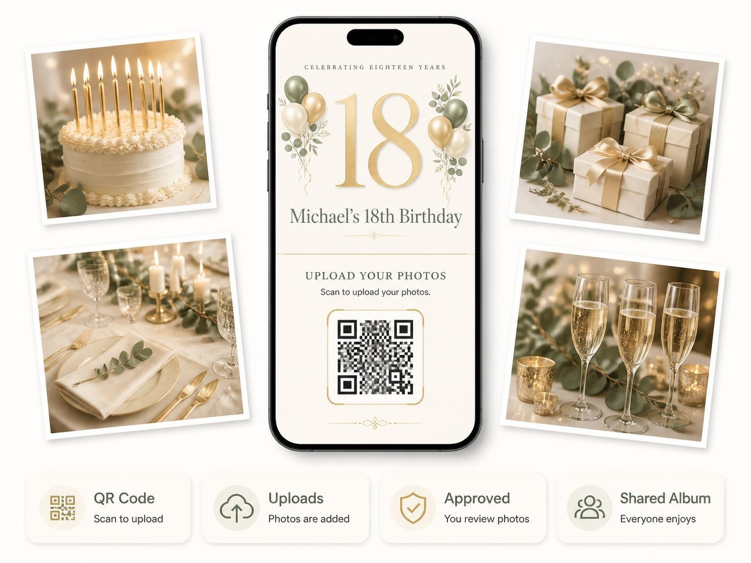 The shared photo gallery that comes with the Sage and Ivory 18th Birthday Invitation invitation