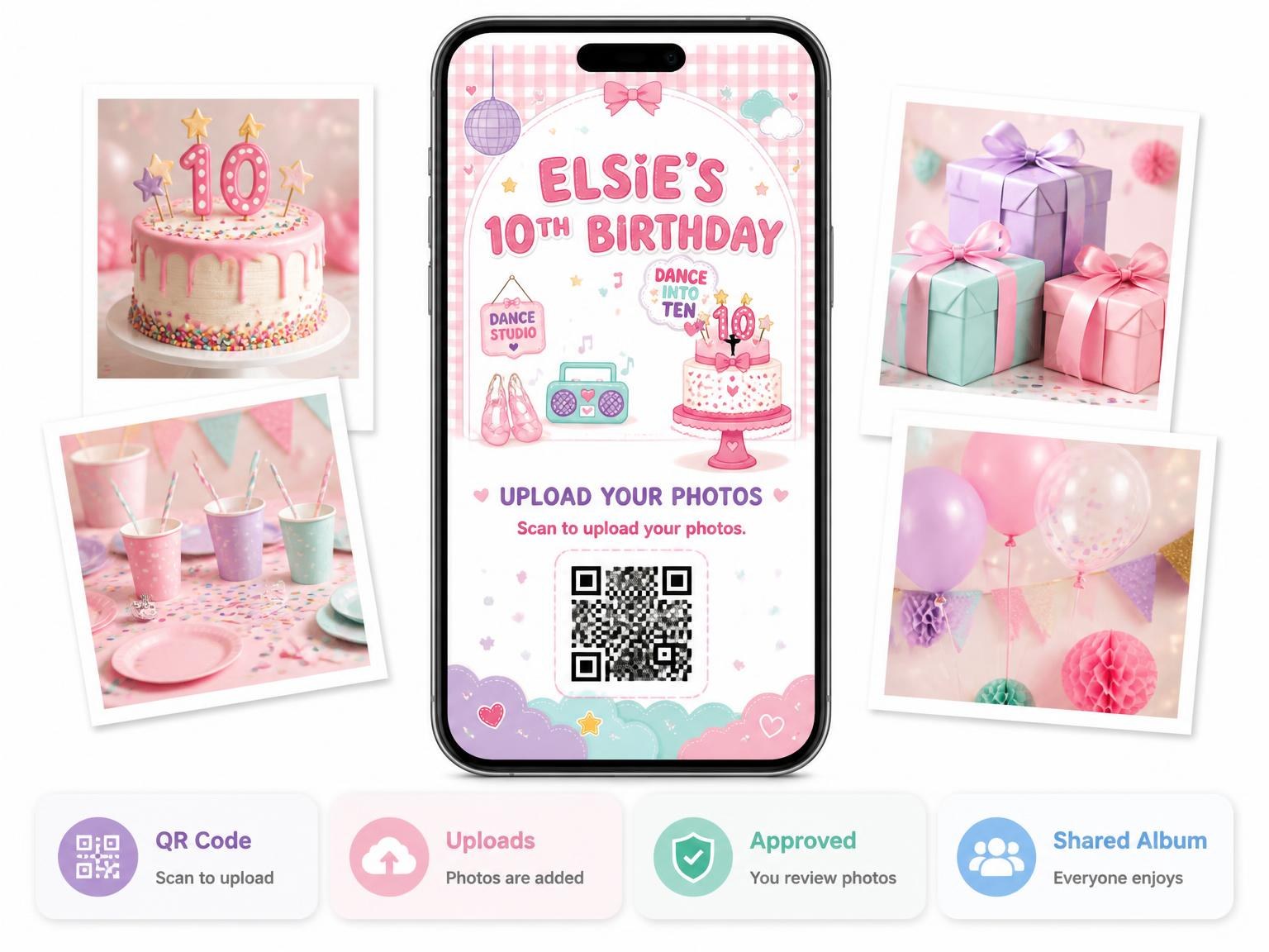 The shared photo gallery that comes with the Ballerina Kawaii 10th Birthday Invitation invitation