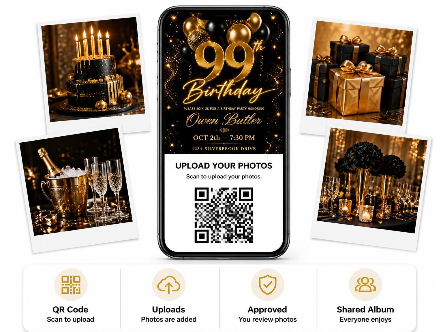 The shared photo gallery that comes with the Black and Gold Balloon 99th Birthday invitation