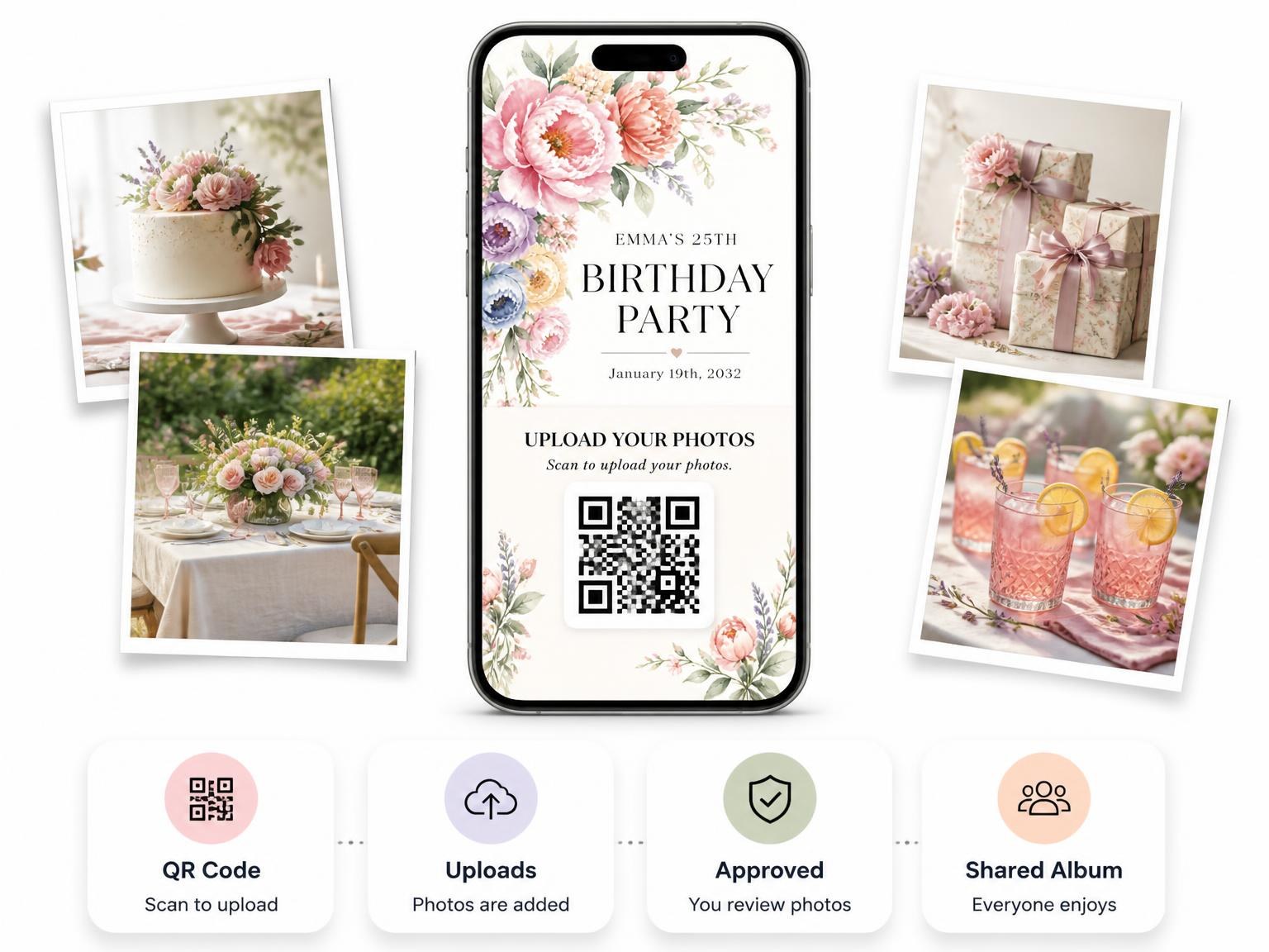 The shared photo gallery that comes with the Pastel Floral Bouquet 25th Birthday Invitation invitation