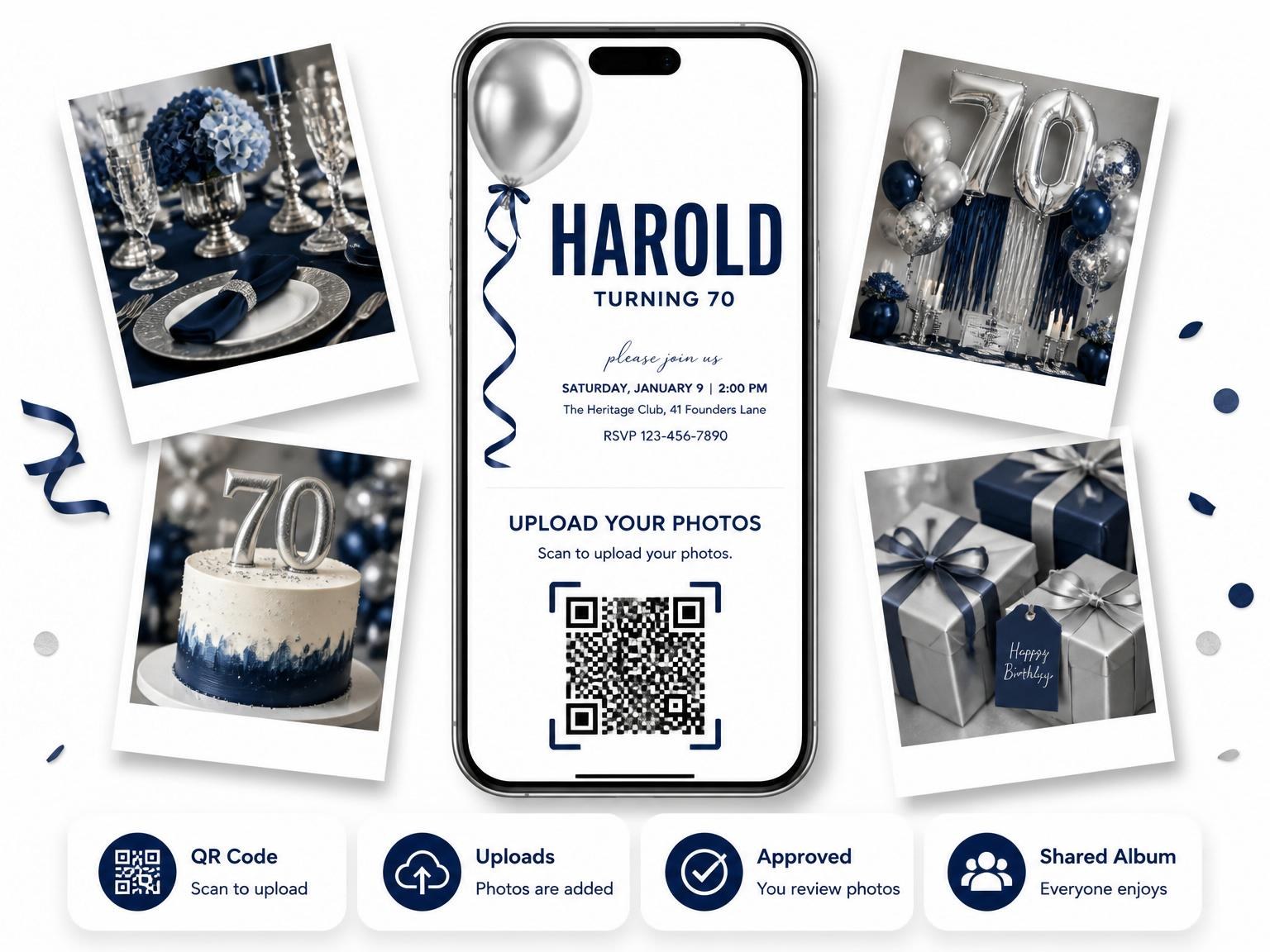 The shared photo gallery that comes with the Silver Balloon Navy Ribbon 70th Birthday invitation