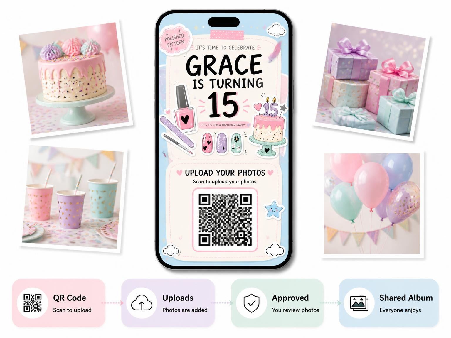 The shared photo gallery that comes with the Care Tools Pastel 15th Birthday Invitation invitation