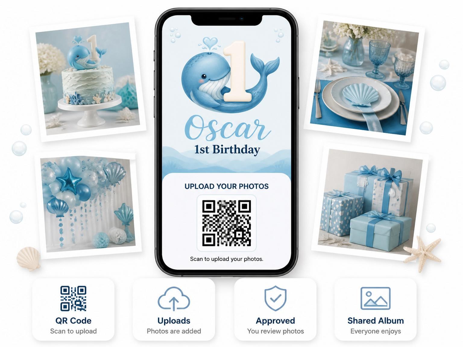 The shared photo gallery that comes with the Blue Watercolor Whale 1st Birthday invitation