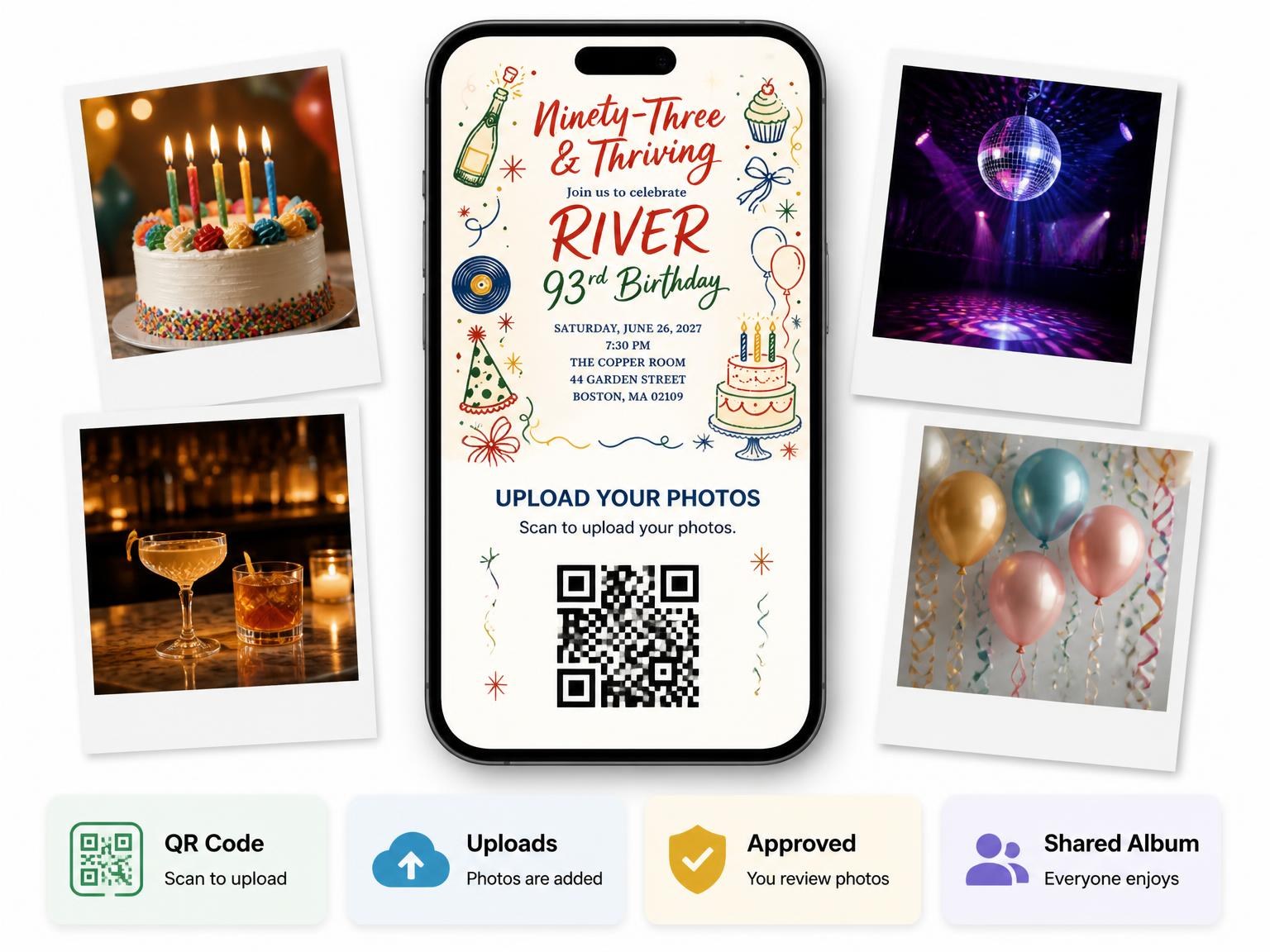 The shared photo gallery that comes with the Retro Doodle 93rd Birthday Invitation invitation