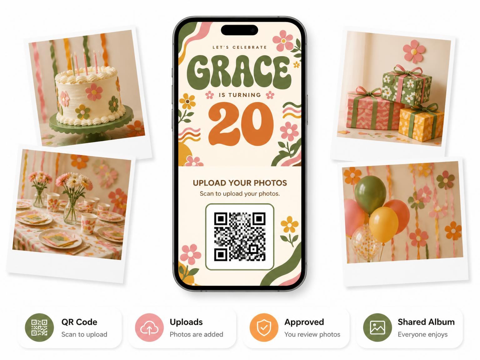 The shared photo gallery that comes with the Groovy Retro 20th Birthday Invitation invitation