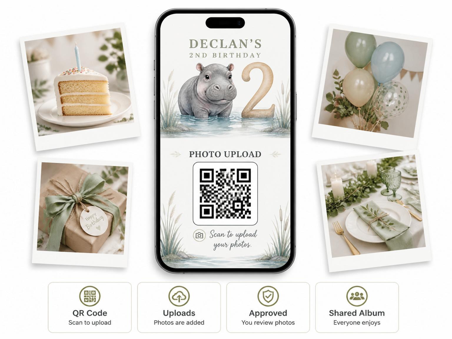 The shared photo gallery that comes with the Watercolor Hippo Pond 2nd Birthday Invitation invitation