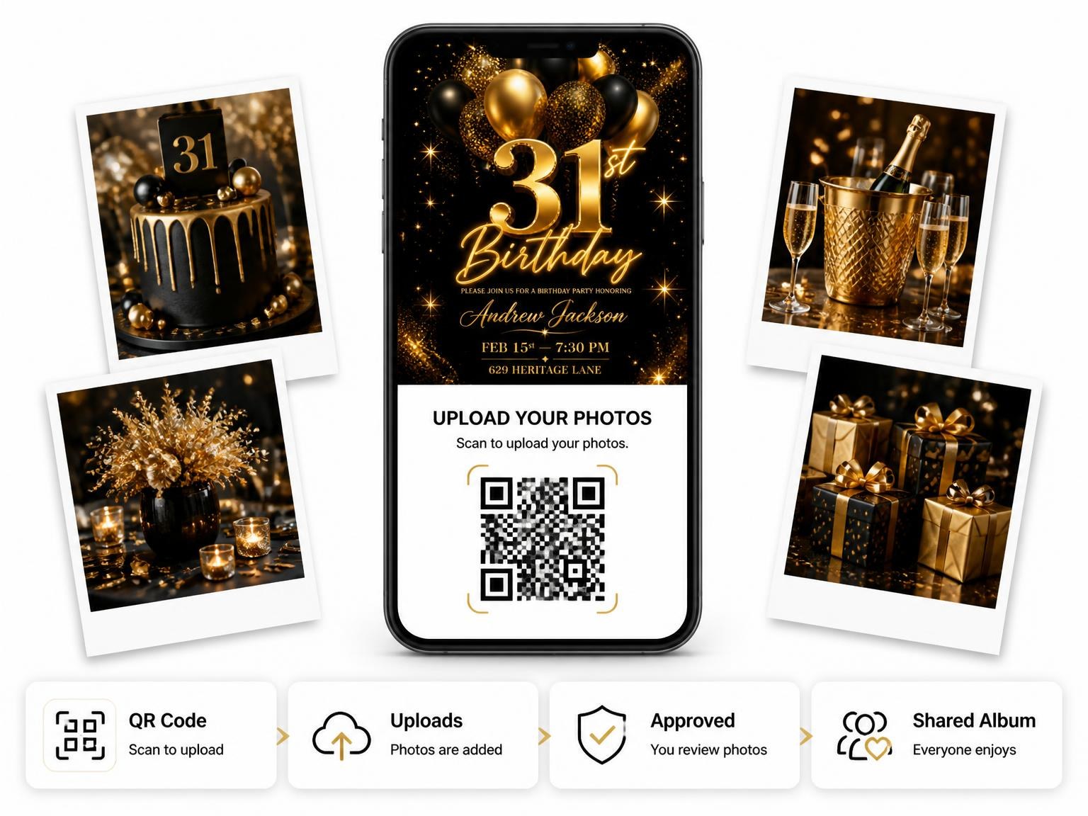 The shared photo gallery that comes with the Black and Gold Balloon 31st Birthday invitation