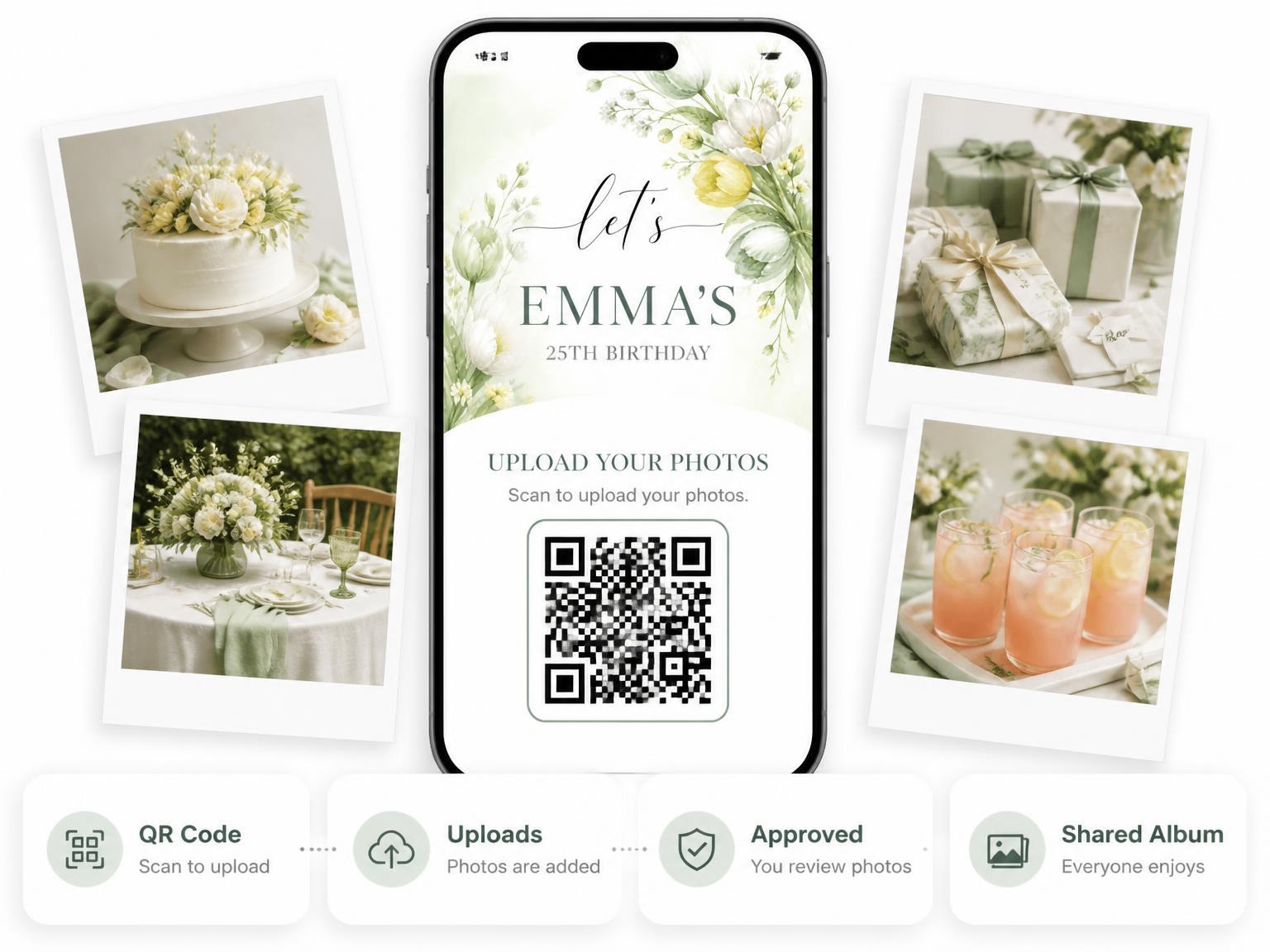 The shared photo gallery that comes with the Arched Backdrop Mint 25th Birthday Invitation invitation