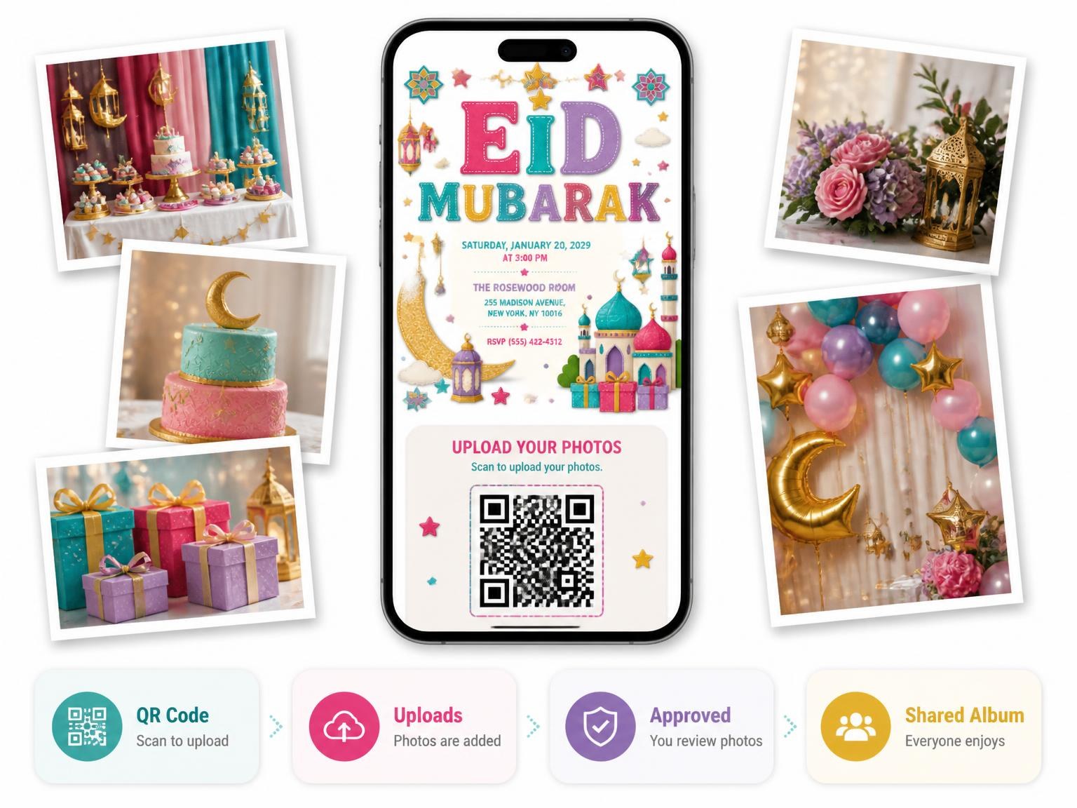 The shared photo gallery that comes with the Crescent Moon Eid Mubarak Invitation invitation