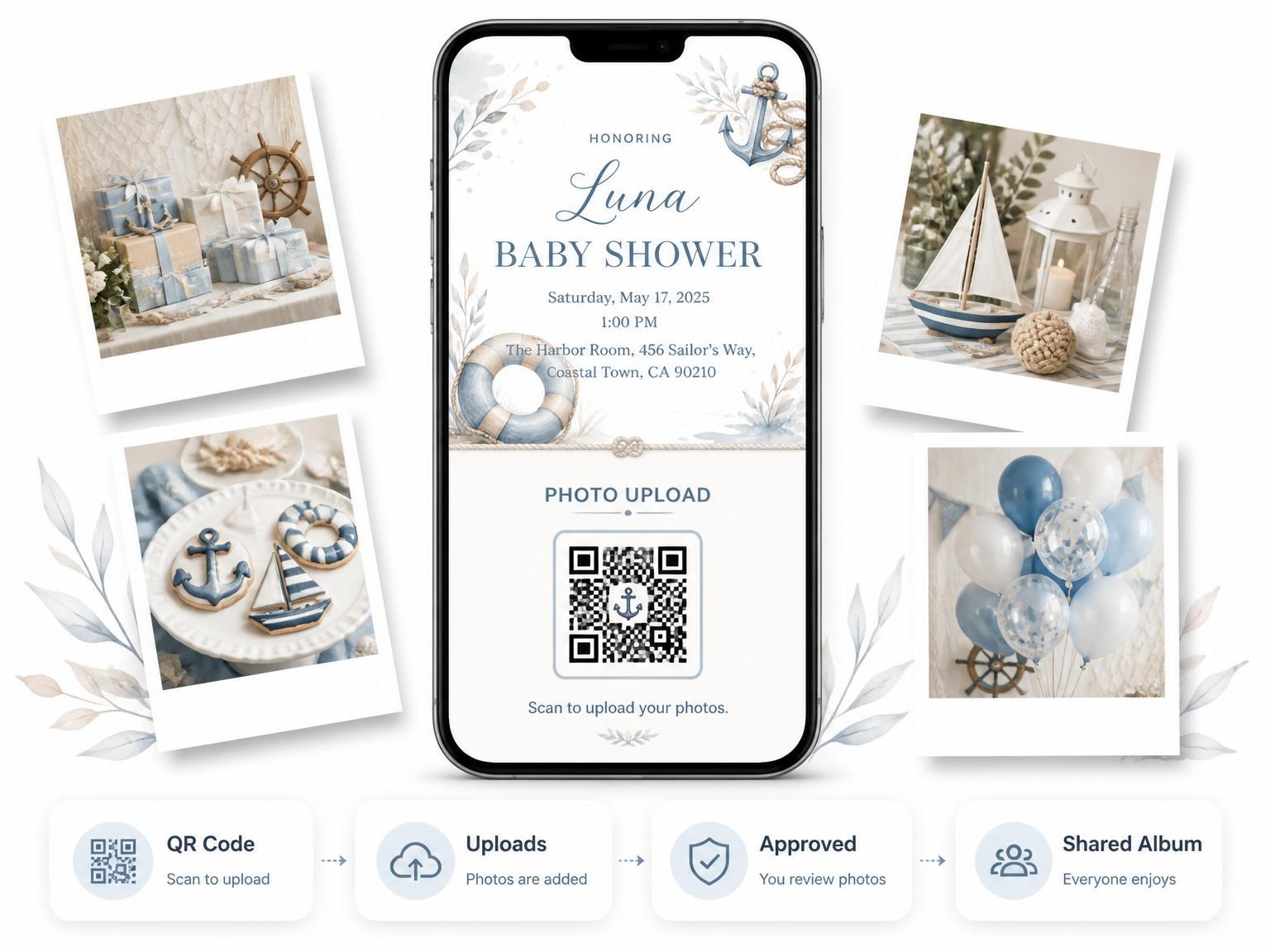 The shared photo gallery that comes with the Watercolor Anchor Life Ring Baby Shower invitation