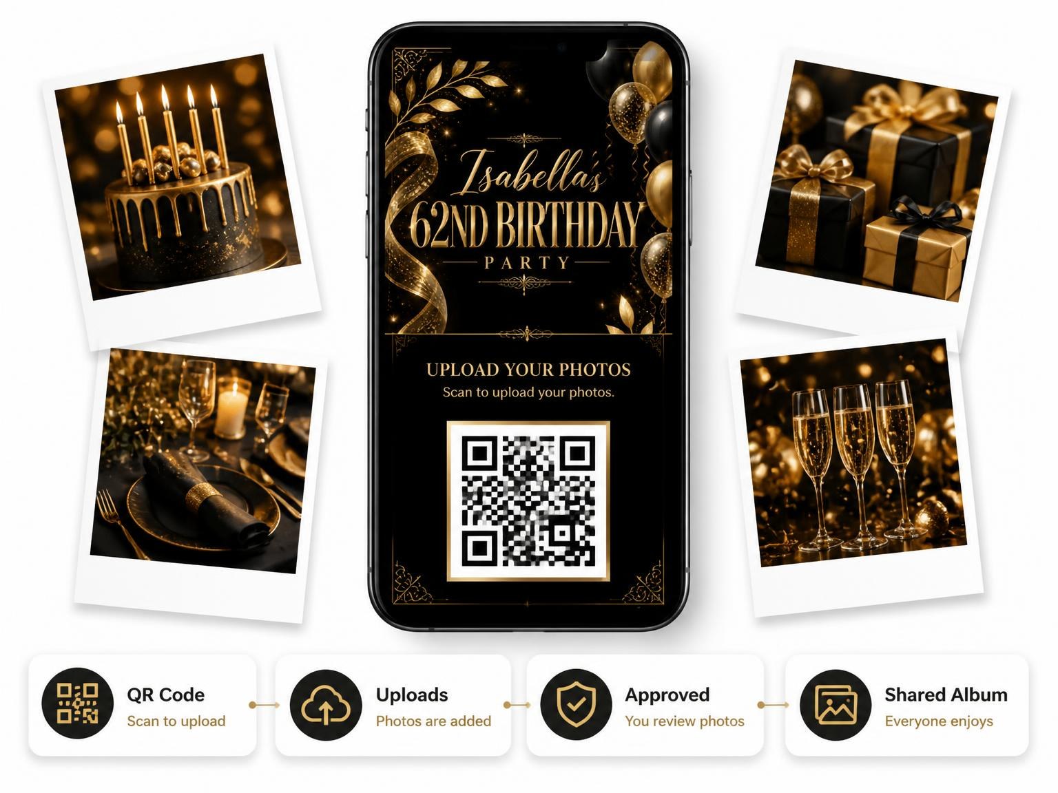 The shared photo gallery that comes with the Black and Gold 62nd Birthday Invitation invitation