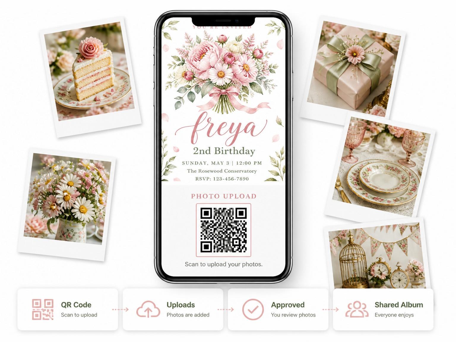 The shared photo gallery that comes with the Watercolor Peony and Daisy 2nd Birthday invitation