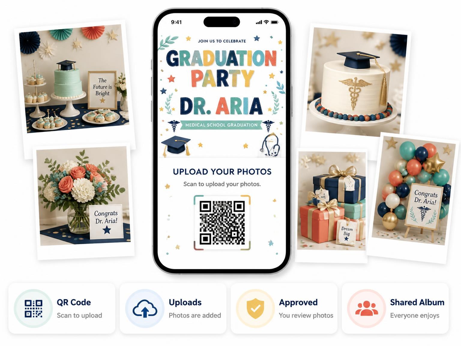 The shared photo gallery that comes with the Caduceus Symbols Graduation Invitation invitation