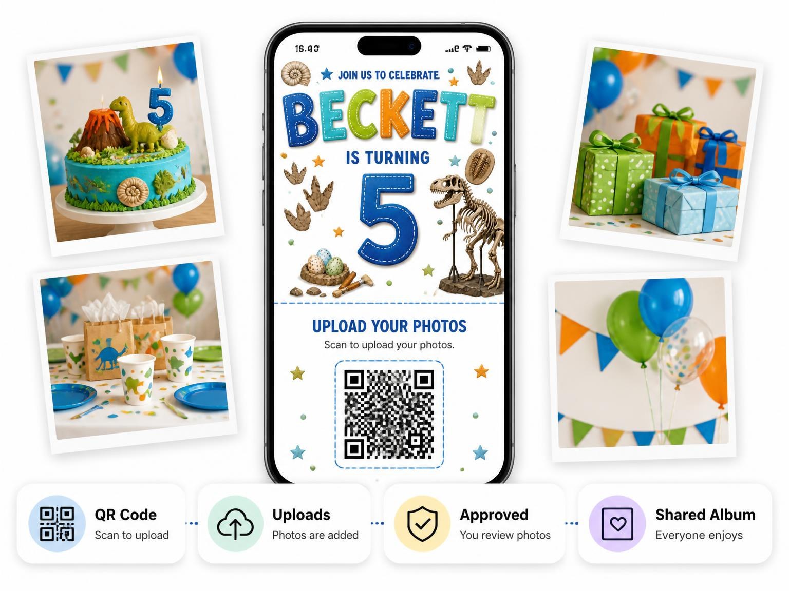 The shared photo gallery that comes with the Stitched Dinosaur Fossil 5th Birthday Invitation invitation