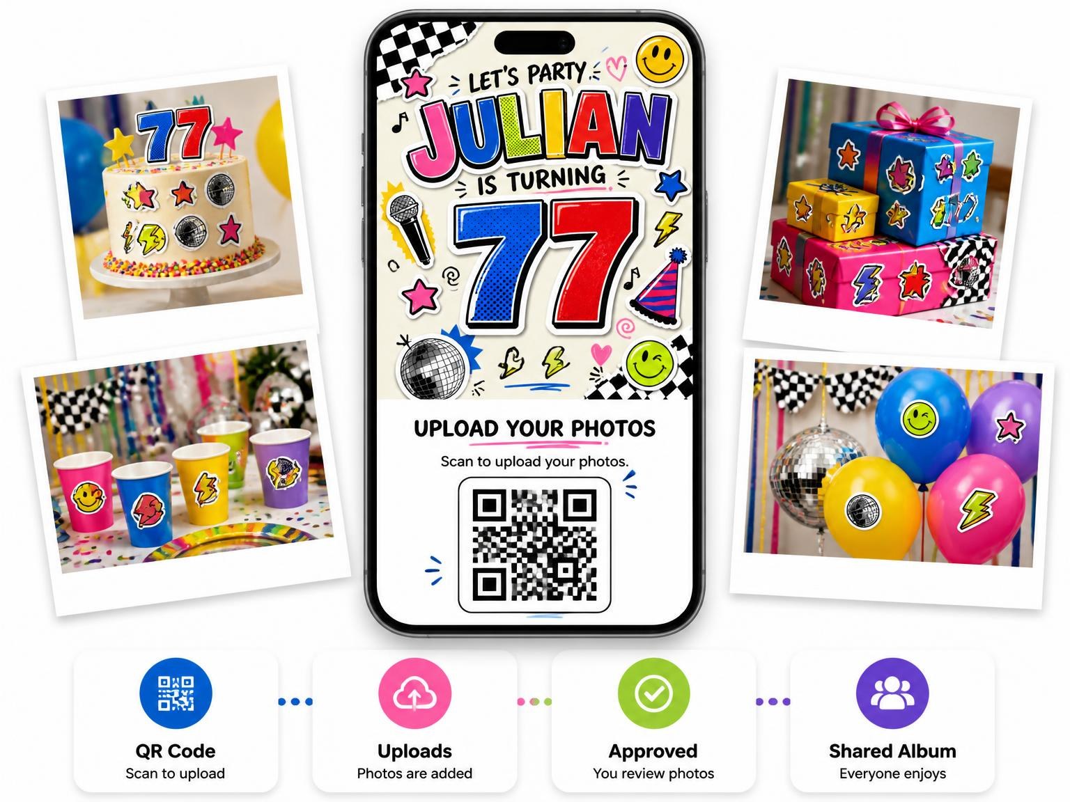 The shared photo gallery that comes with the Sticker Pop 77th Birthday Invitation invitation