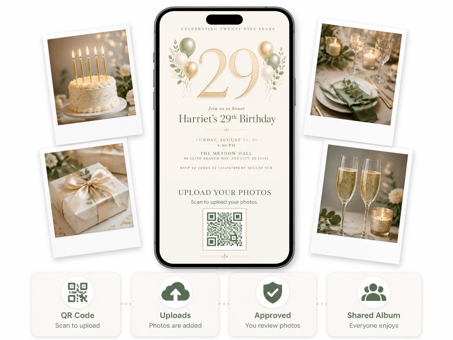 The shared photo gallery that comes with the Sage and Ivory 29th Birthday Invitation invitation