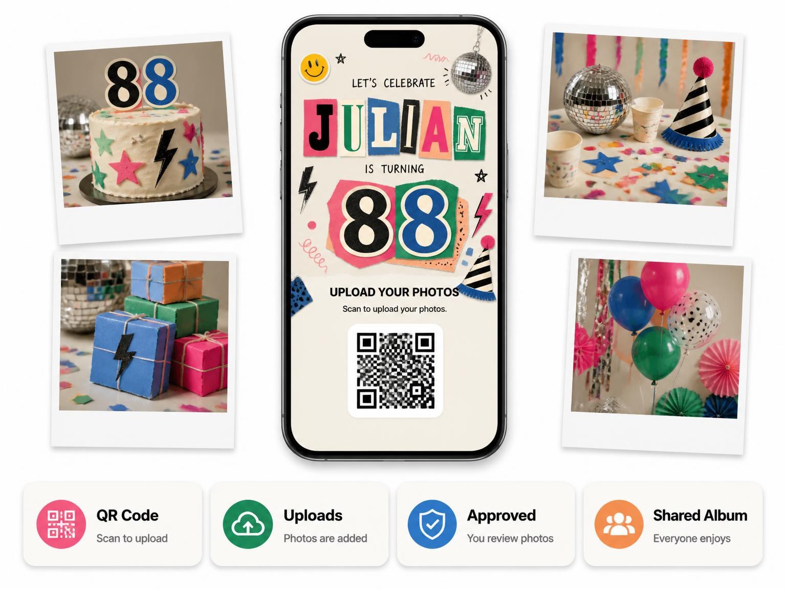 The shared photo gallery that comes with the Retro Paper Collage 88th Birthday Invitation invitation