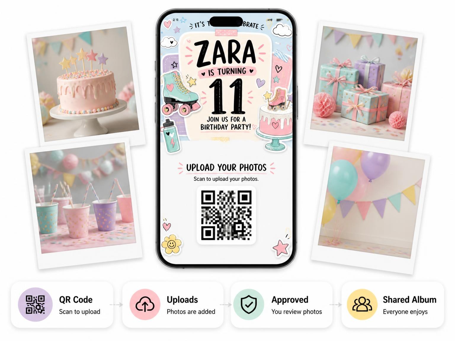 The shared photo gallery that comes with the Pastel Roller Skate 11th Birthday Invitation invitation