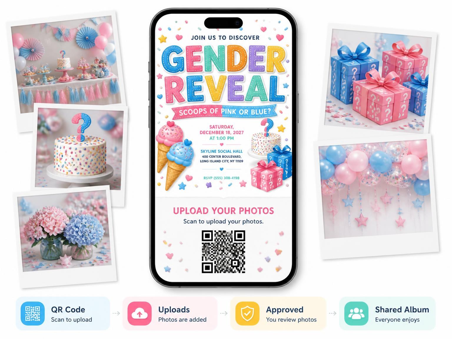 The shared photo gallery that comes with the Ice Cream Gender Reveal Invitation invitation