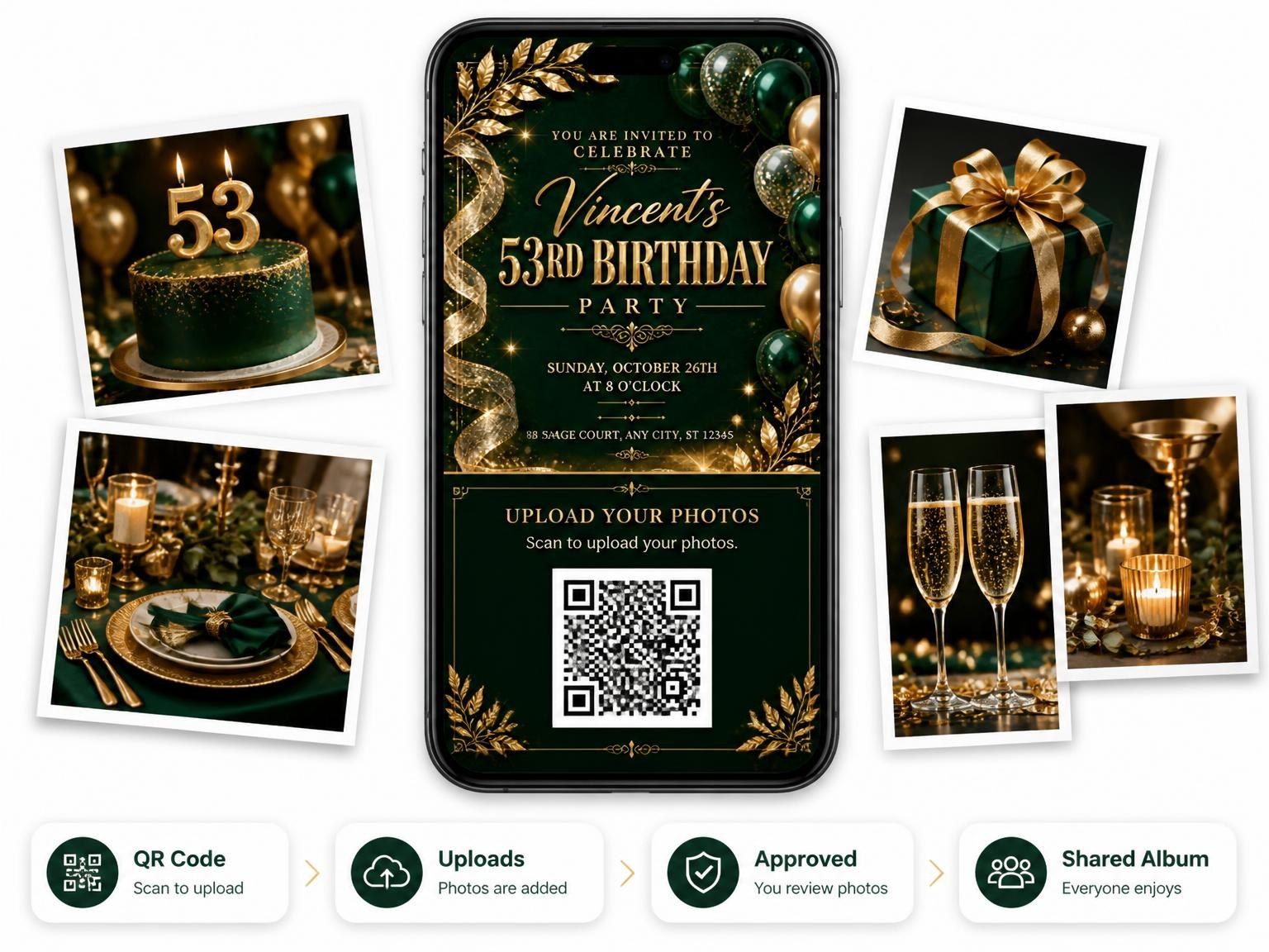 The shared photo gallery that comes with the Emerald and Champagne 53rd Birthday Invitation invitation